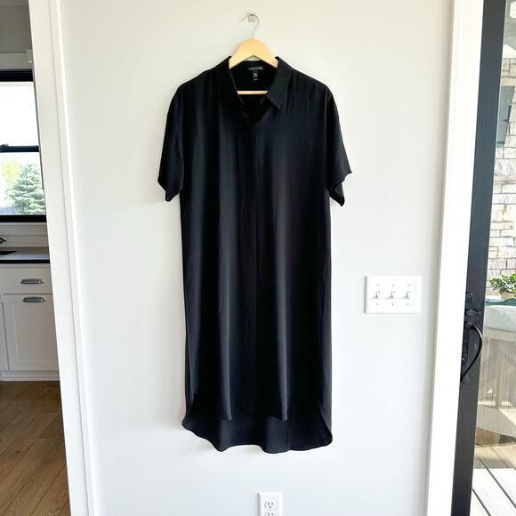 Eileen Fisher Silk Georgette Button Up Shirt Midi Dress Black M - Picture 1 of 9